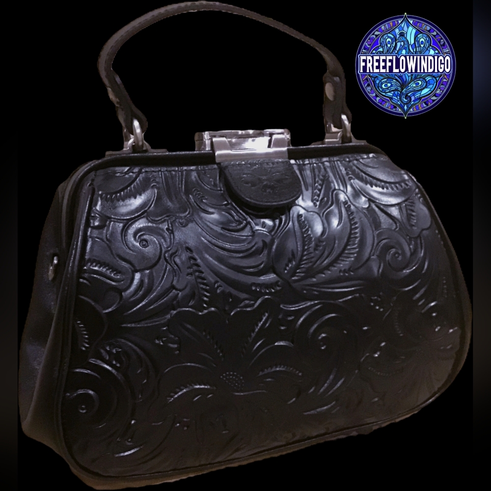 NWT Patricia Nash Gracchi Frame Satchel Black Tooled Floral Leather Crossbody